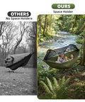 Comparison of heavy duty camping hammocks with mosquito net, highlighting spaciousness and comfort in outdoor setting.