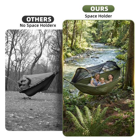 Comparison of heavy duty camping hammocks with mosquito net, highlighting spaciousness and comfort in outdoor setting.