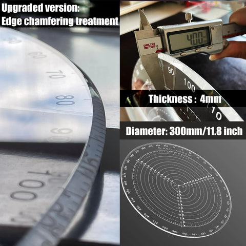 Front view of a 300 mm diameter round center finder compass for woodturning; metal construction, 4 mm thick.