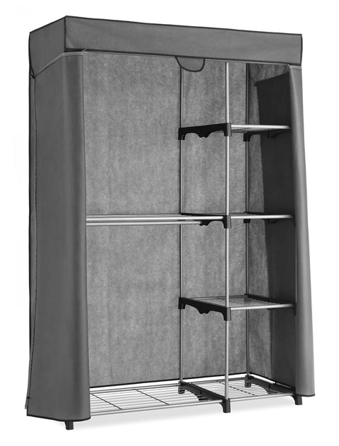 Deluxe Utility Closet With Five Extra Strong Shelves And Removable Breathable Cover For Garage Basement And Laundry Room Storage With Two Hanging Bars Built Tough Heavy Duty Organization Rack shown with open cover