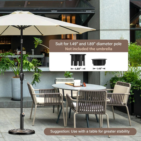 Heavy Duty Round Umbrella Base With 24.2 Pound Weight And 17.72 Inch Diameter Resin Outdoor Stand For Patio, Lawn And Garden Bronze Finish Waterproof And Rust Resistant Adjustable Hand Turn Knob For Easy Tightening on patio with furniture, umbrella, plants, and suggestion note for stability