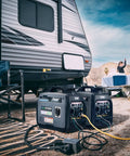 Dual Fuel Portable Generator With 4000W Peak And 3200 Running On Gas Or 3600 Peak And 2800 Running On Propane connected to RV outdoors