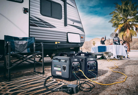 Dual Fuel Portable Generator With 4000W Peak And 3200 Running On Gas Or 3600 Peak And 2800 Running On Propane connected to RV outdoors