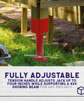 Adjustable Screw Jack Post 14.5-18.5 In for 4x4 beams shown supporting a wooden structure, DIY house shoring solution