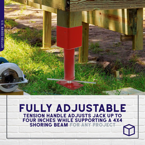 Adjustable Screw Jack Post 14.5-18.5 In for 4x4 beams shown supporting a wooden structure, DIY house shoring solution
