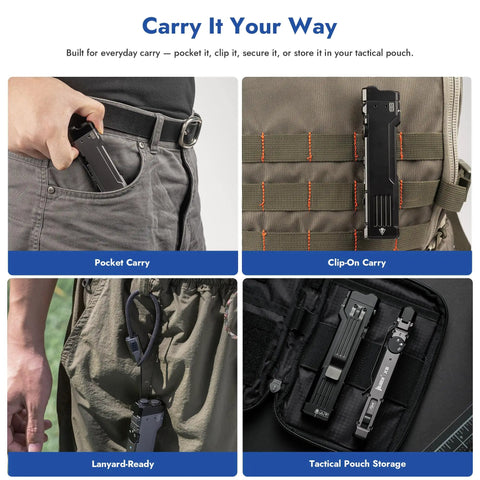 Rechargeable Flashlight With 1300 Lumens, 118 Meter Throw in pocket, clip-on, lanyard, and pouch storage options