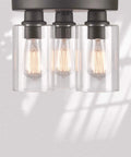Modern Farmhouse 3 Light Flush Mount Ceiling Light Fixture With Clear Glass Shade In Dark Bronze Finish For Hallway Entryway Passway Bedroom Garage Kitchen Balcony Living Room, close-up view