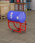 Heavy Duty Drum Dolly For 55 Gallon Barrels, 600 Pound Steel Cart with blue barrel in warehouse setting.