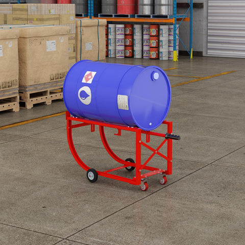 Heavy Duty Drum Dolly For 55 Gallon Barrels, 600 Pound Steel Cart with blue barrel in warehouse setting.