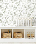 Dancing Leaves Peel And Stick Wallpaper Green And White For A Quick Easy Wall Makeover No Glue Needed Removable And Repositionable Wall Covering Roll Twenty Point Five Inch Wide Eighteen Feet Long No Mess in a living room scene