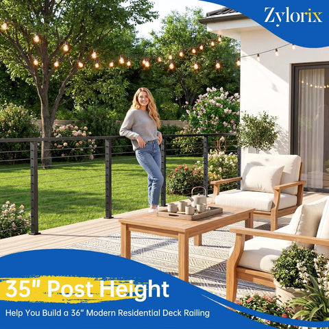 36 Inch Modular Swageless Cable Railing Post Crafted From Tough T304 Stainless Steel With A Fly Matte Black Coating To Upgrade Outdoor Decks