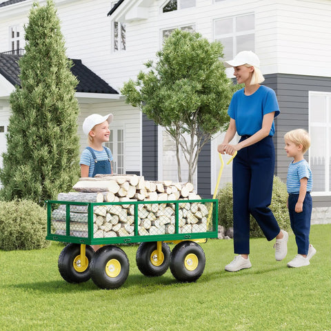 Mother and children pulling a Heavy Duty Steel Garden Wagon Cart With 1400 Pound Capacity Three In One Convertible Utility Cart With 13 Inch Wheels And 180 Degree Handle Collapsible Outdoor Yard Trailer In Green And Yellow The Ultimate Workhorse filled with firewood.
