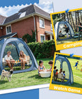 People enjoying 10x10 Pop Up Screen House Tent With Mesh Walls, Waterproof Instant Gazebo in backyard and camping scenes.