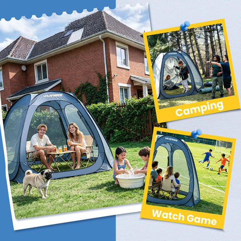 People enjoying 10x10 Pop Up Screen House Tent With Mesh Walls, Waterproof Instant Gazebo in backyard and camping scenes.