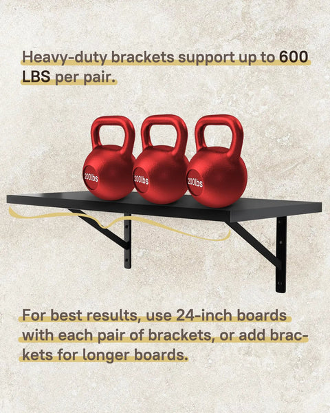Beefy 12 Inch by 8 Inch Heavy Duty Shelf Brackets 600 Lb Per Pair Black Metal L Brackets with red kettlebells demo