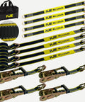 Heavy Duty Car Trailer Tie Down Straps Kit Four 2x10 Inch Ratchet Straps With J Hooks And Clips Plus Four 2x36 Inch Axle Straps 10,000 Lbs Break Strength Reflective Black And Yellow Webbing For Safe Night Time Car Truck UTV Transport packaged with accessories.
