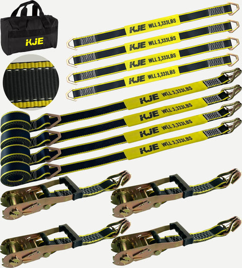 Heavy Duty Car Trailer Tie Down Straps Kit Four 2x10 Inch Ratchet Straps With J Hooks And Clips Plus Four 2x36 Inch Axle Straps 10,000 Lbs Break Strength Reflective Black And Yellow Webbing For Safe Night Time Car Truck UTV Transport packaged with accessories.