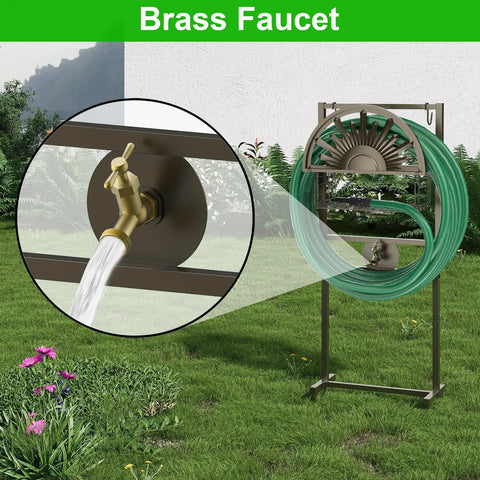 Heavy Duty Garden Hose Holder With Brass Faucet Freestanding Hose Reel Stand With Storage Basket Detachable Reel for Patio