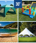 Heavy Duty 30 Inch Ground Anchors Kit Of 4 Screw In Earth Anchors securing canopy, inflatable slide, tent, and boat.