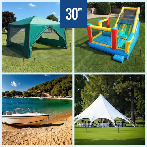 Heavy Duty 30 Inch Ground Anchors Kit Of 4 Screw In Earth Anchors securing canopy, inflatable slide, tent, and boat.
