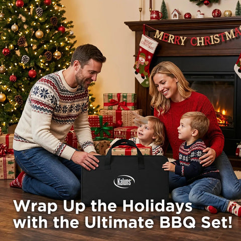 Family with Heavy Duty 35 Piece BBQ Grill Tools Set In Stainless Steel With Case by Christmas tree and fireplace