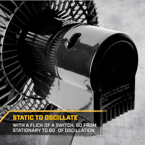 Close-up of Oscillating Car Fan Built To Keep Your Ride Chill Fast With 12V Socket Power and control switch for oscillation.
