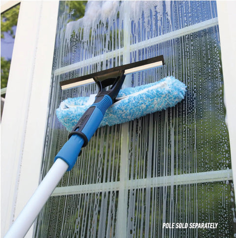 2-In-1 Window Cleaner Squeegee And Scrubber With Stainless Steel Handle, Microfiber Pad, Streak-Free Glass Tool In Use