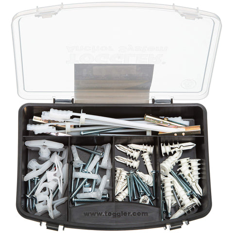 Your Go To 44 Piece Anchor Kit for Drywall and Concrete Mounting With Heavy Duty Toggle Bolts And Screws in open plastic case