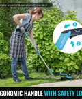 Woman using Cordless Do-It-All 3-In-1 Hedge Trimmer, Grass Shear, And Shrub Trimmer with 50-inch pole in garden, ergonomic handle shown