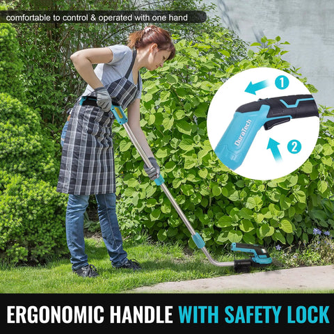 Woman using Cordless Do-It-All 3-In-1 Hedge Trimmer, Grass Shear, And Shrub Trimmer with 50-inch pole in garden, ergonomic handle shown