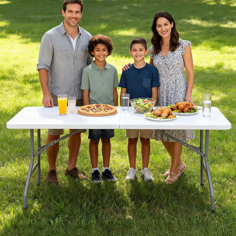 Family enjoying meal on 6 Ft Folding Table Outdoor Indoor Plastic Square Dining Table Portable No Assembly Easy Setup For Picnics Parties Camping White Lightweight Durable Great For Home Tailgating And Events