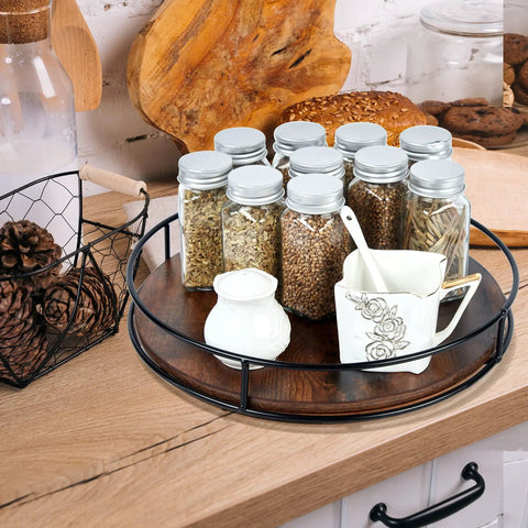 12 Inch Lazy Susan Slick Counter Turntable Kitchen Spice Rack Rustic Brown Wood Swivel Tray with spice jars and cream pitcher