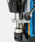 Close-up of Heavy Duty Magnetic Drill Press With QuickHitch Arbor and Two Geared Speeds for Precision Metal Cutting.