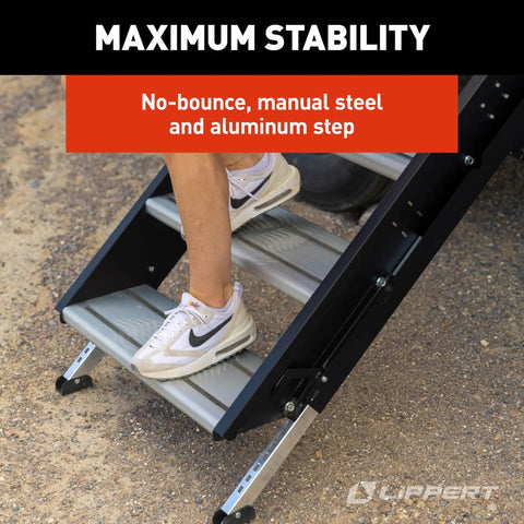 Quad RV Entry Steps 4.0 Premium With Lift Assist Gas Struts 30 Inch Wide Step XL Top Tread 8 Inch Rise no-bounce steel and aluminum stairs
