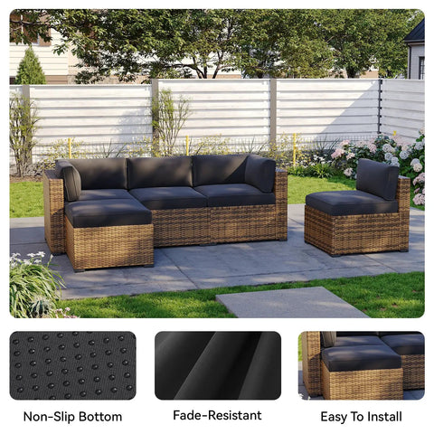 11 Piece Outdoor Cushion Covers Set For Full Patio Sectional Renewal Waterproof With Zippers And Non Slip Bottom Includes 5 Seat Covers 5 Back Covers And 1 Side Cover Covers Only Grey, displayed on patio furniture with non-slip bottom detail and easy installation process.