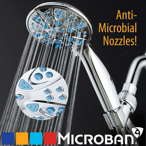Antimicrobial High Pressure Shower Head With Anti Clog 6 Setting Handheld Spray Microban Protection From Growth 4 Inch Face