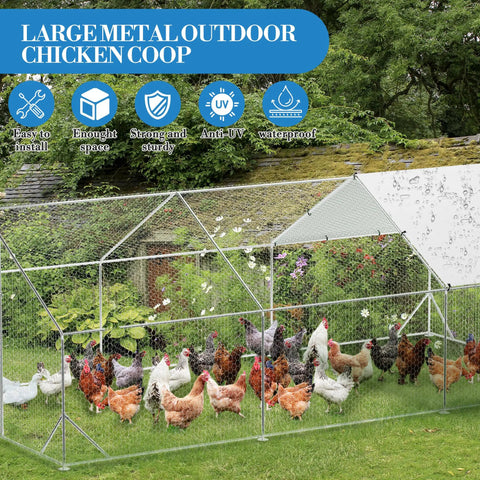 Beefy Heavy Duty Metal Chicken Coop Walk In Run With Waterproof UV Resistant Cover in backyard with chickens inside