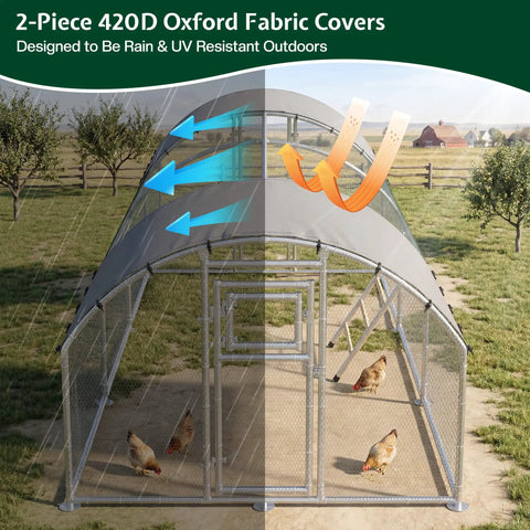 26 By 10 Ft Extra Large Walk In Chicken Coop With Dome Roof Front And Rear Doors Feeding Door Roosting Ladder Outdoor Poultry Cage With Galvanized Steel Frame Easy Standing Room For 16 To 25 Hens Easy Clean Backyard Ready Coop with cover.