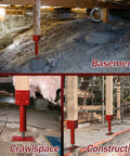 Beefy 4x4 Screw Jacks Adjustable Post Levelers installed in basement, crawlspace, and construction site for lifting and support.
