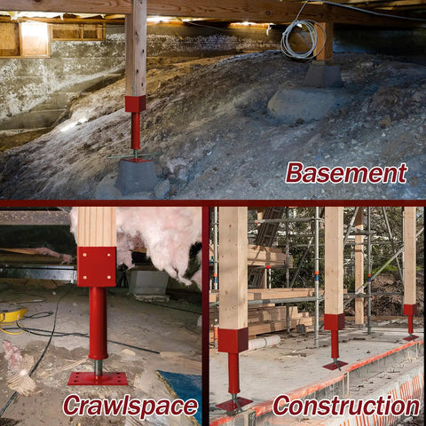 Beefy 4x4 Screw Jacks Adjustable Post Levelers installed in basement, crawlspace, and construction site for lifting and support.