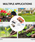 Collage showing applications of 4-in-1 Soil Test Kit for pH, nitrogen, phosphorus, and potassium in garden, lawn, flowers, and plants.