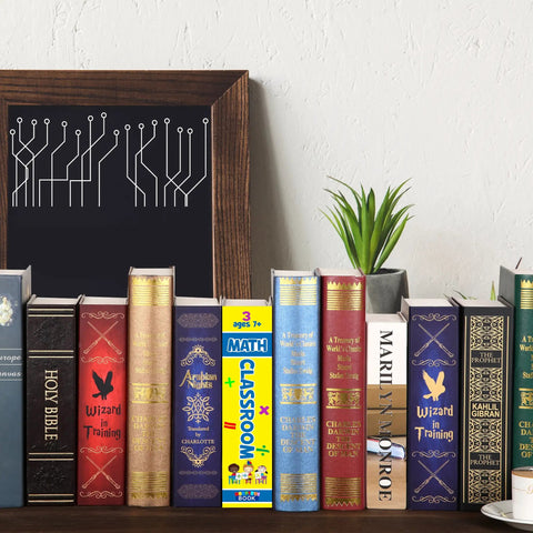 Blue Math Classroom Book Safe Featuring Authentic School Pages And Reliable Three Digit Combination Lock For Stealth Stash Storage And Slick Student Loot Vault on a bookshelf.