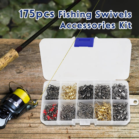 All In One 175 Piece Fishing Swivels Kit With Barrel And Ball Bearing Swivels 3 Way Swivels Coastlock Snaps in tackle box