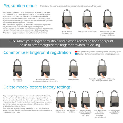 Instructions for 0.5 Second No Key Needed Fingerprint Padlock With USB Rechargeable Battery Biometric Lock Stores 20 Fingerprints For Luggage Backpack Suitcase Bike School And Gym Lockers Plus USB Backup Key For Emergency Access setup.