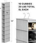 Ten-Tier Hanging Shoes Organizer For Closet In Grey, Space-Saving Vertical Shoe Rack With Durable Metal Dual-Hook Frame, 10 cubbies