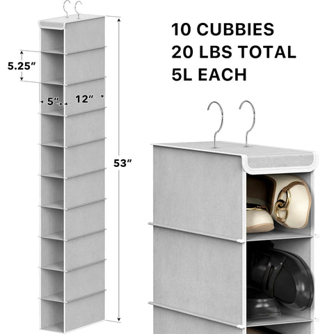 Ten-Tier Hanging Shoes Organizer For Closet In Grey, Space-Saving Vertical Shoe Rack With Durable Metal Dual-Hook Frame, 10 cubbies