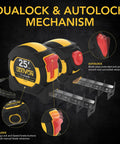 Two Pack 25 Foot Tape Measure With DuaLock And AutoLock, close-up of features, nylon blade, rubberized case, true zero hook