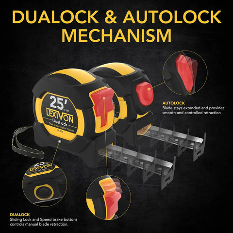 Two Pack 25 Foot Tape Measure With DuaLock And AutoLock, close-up of features, nylon blade, rubberized case, true zero hook