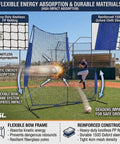 Baseball L Screen Pitching Net 7x7 Portable Pitcher Protector with flexible bow frame in use on field, showing energy absorption.