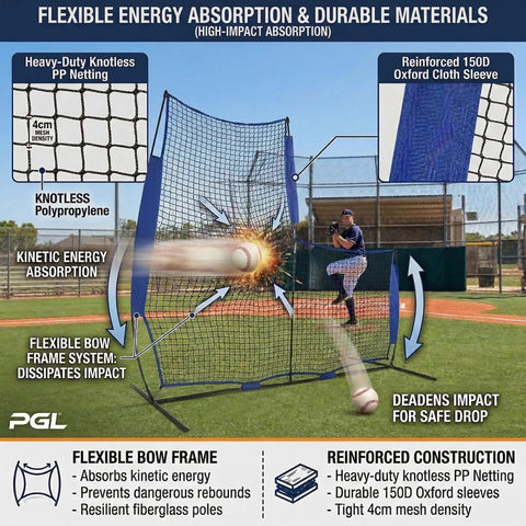 Baseball L Screen Pitching Net 7x7 Portable Pitcher Protector with flexible bow frame in use on field, showing energy absorption.